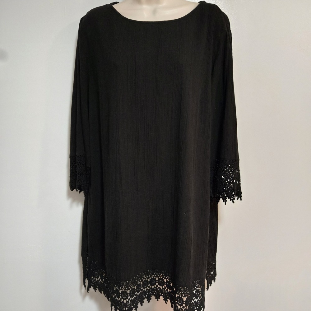 Talbots Size S Black Lightweight Gauzy 3/4 Sleeve Boho Tunic w/ Crochet Trim NEW